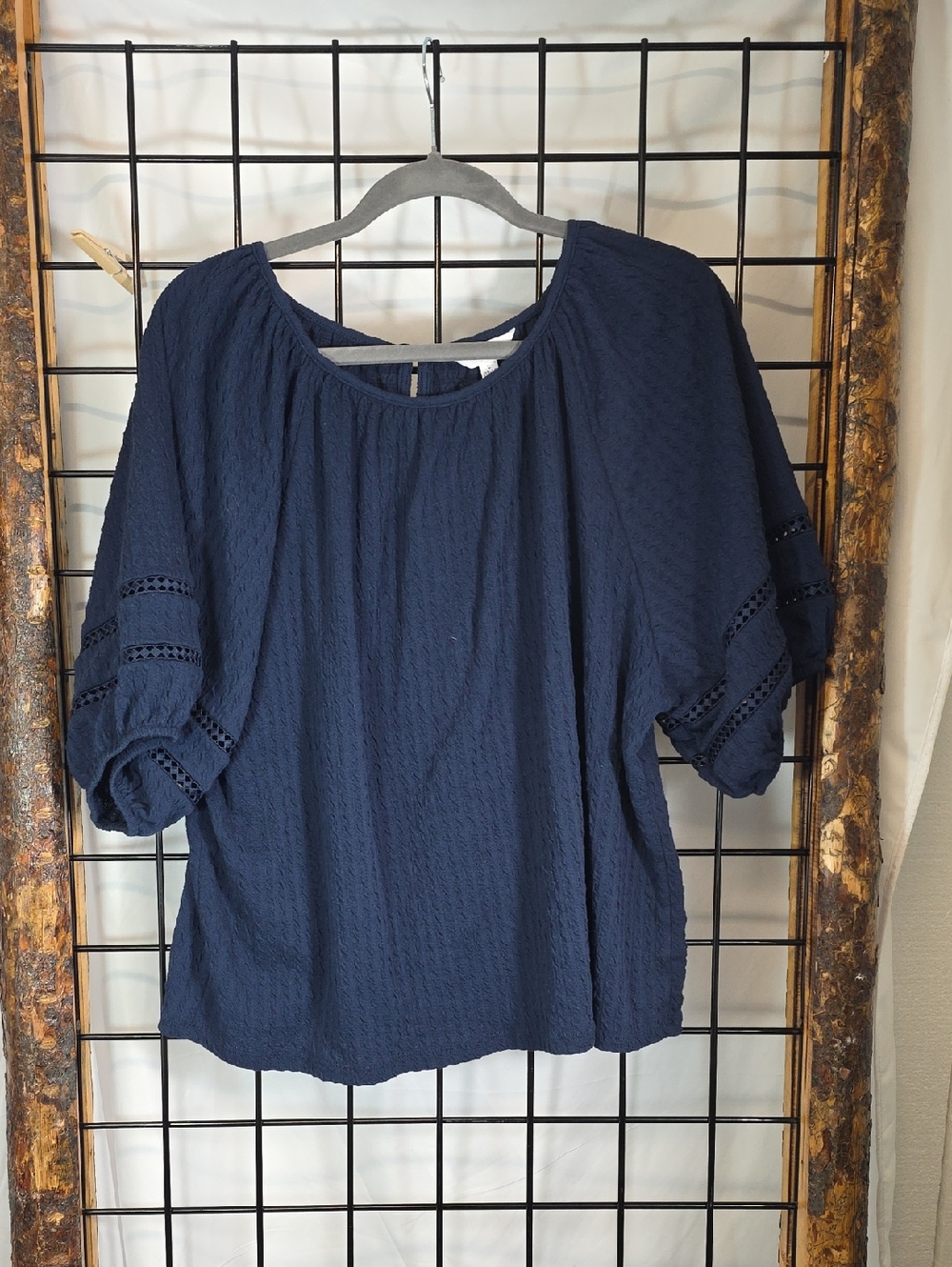 Time and Tru Dark Navy Peasant Blouse with Crochet Trim